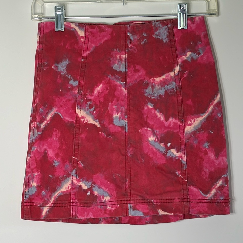 Free People Modern Femme Denim Mini Skirt Flamingo Flame Pink Tie Dye Women’s 0